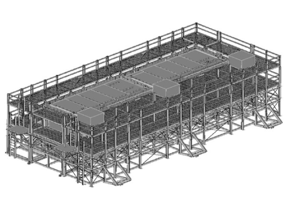 A 3 d model of an industrial building with metal scaffolding.