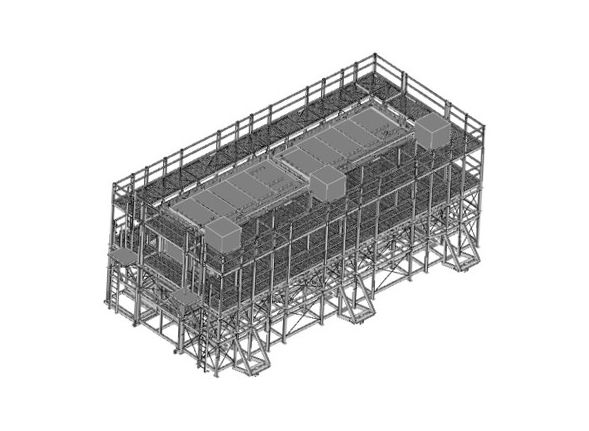 A 3 d model of an industrial building with metal structure.