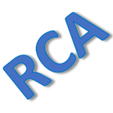 A blue letter that says rca in the middle of it.