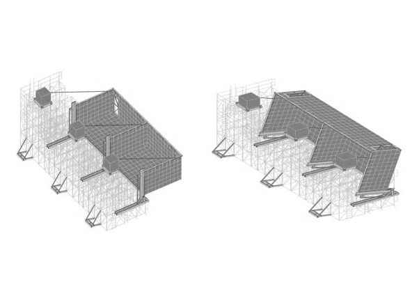 A 3 d image of two houses with the roof up.